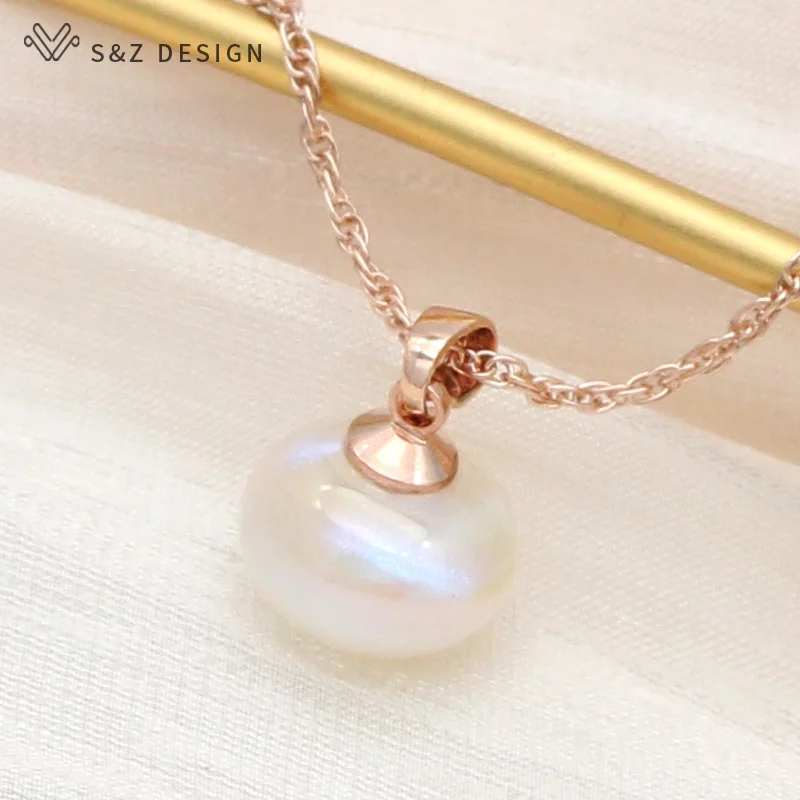 S&Z DESIGN New Fashion 585 Rose Gold Color Round Simulated-pearl Pendant Necklace For Women Wedding Party Jewelry Gift