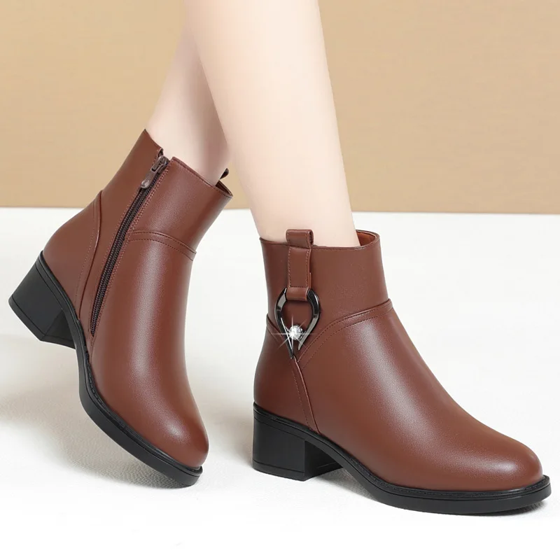 Women's Winter Waterproof Genuine Leather Ankle Boots Mom Thick Plush Warm Cotton Shoes Large Size Sexy High Heel Platform Boots