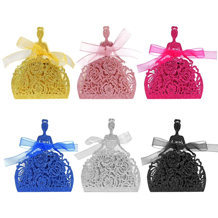 Bride Flower Dresses Candy Box Laser Cut Box Gifts Bags Favor Boxes Wedding Birthday Parties Glitter Packing Supplies 10Pcs/set wooden gift card boxes acrylic card box