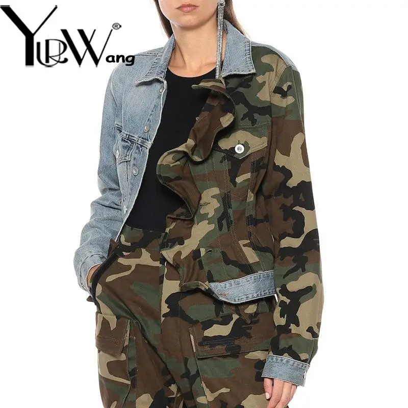 

Getspring Women Coat Asymmetry Patchwork Printing Denim Jackets Irregular Color Matching Camouflage Jeans Jackets Women 2024