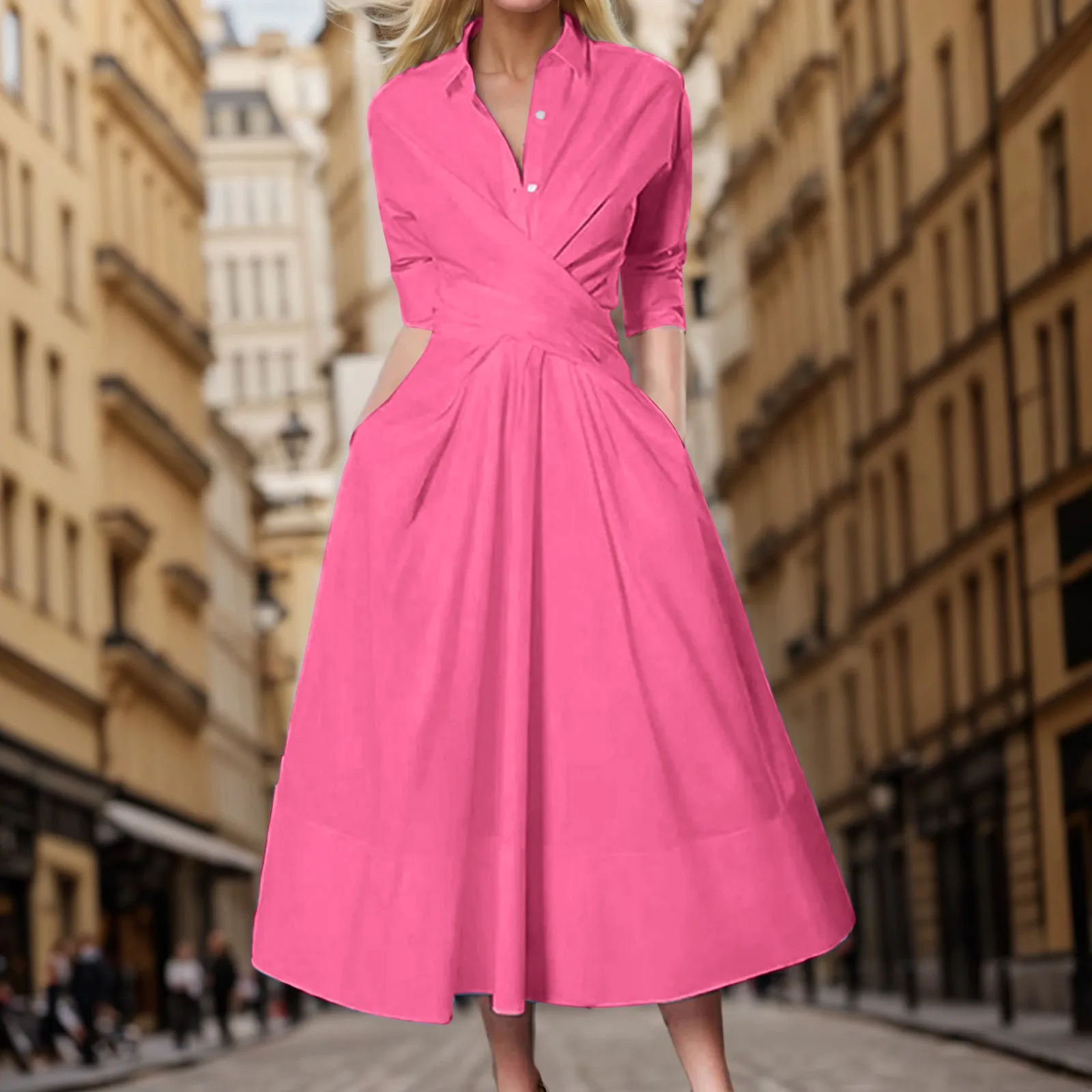 

Women's Fashion Shirt Long Dress Turndown Collar Half Sleeve Solid Pockets Maxi Dress Ladies Cross Slim Waist Office Dresses
