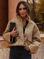 ZBZA Women's Sequined Bomber Jacket Fall New Round Neck Long Sleeve Pocket Stretch Hem Sequins Jacket Coat Female Chic Outerwear 1