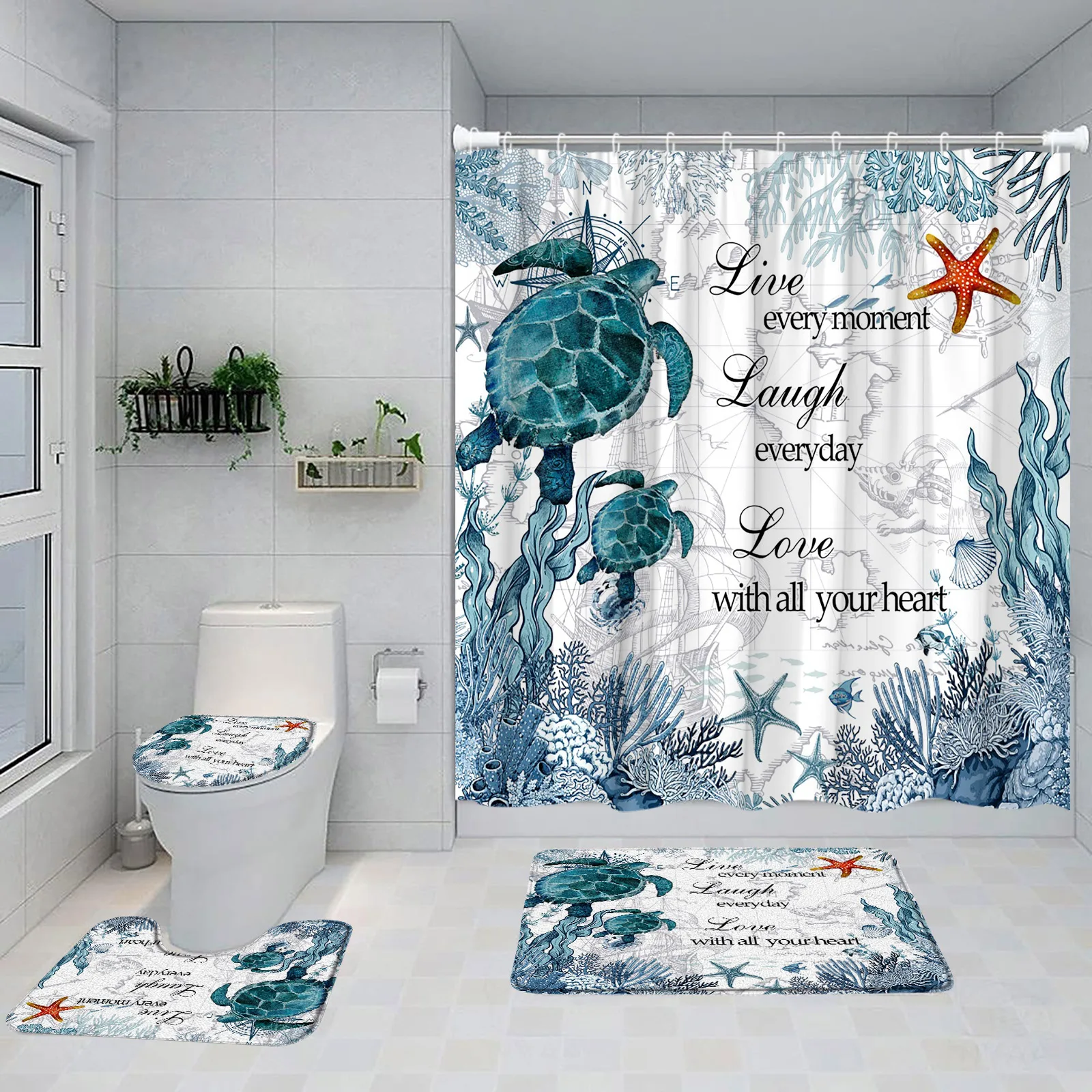 Sea Turtle Shower Curtain Set Starfish Conch Coral Seagrass Ocean Underwater Scenery Bathroom Decor Bath Mats Toilet Lid Cover