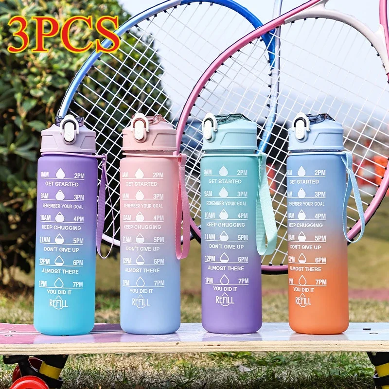 3 PCS Sports Water Bottle with Time Marker Leak-proof Cup Motivational Portable Water bottle for Outdoor Sport Fitness BPA Free
