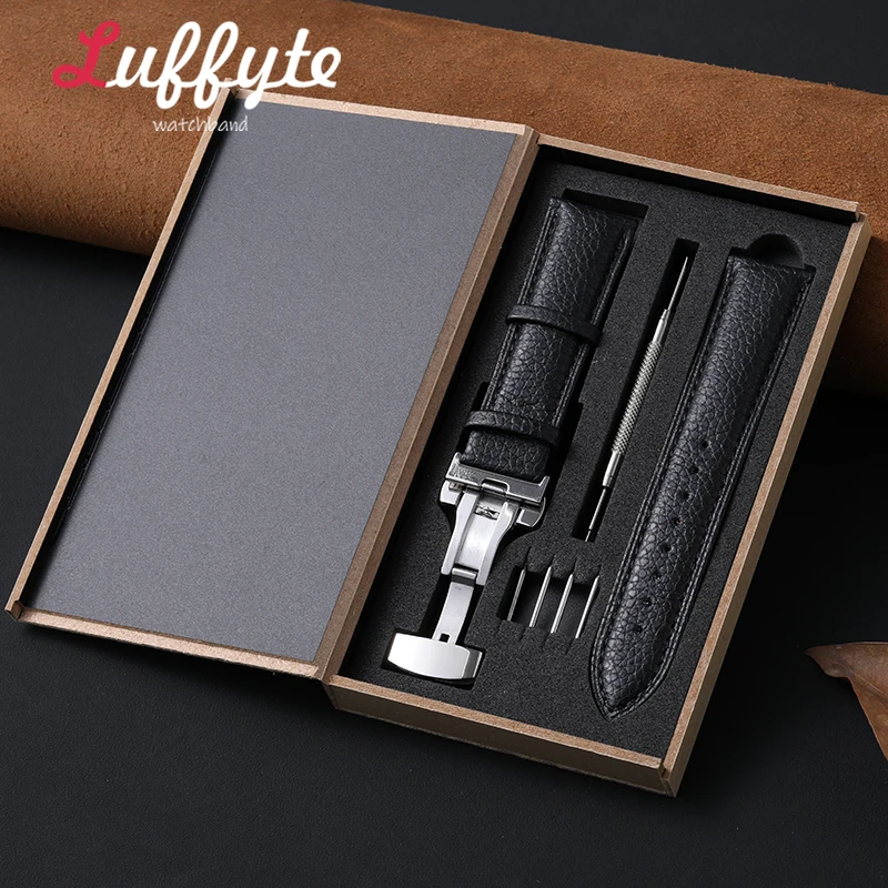 Elegant Lychee Leather Watch Band with Butterfly Buckle - Includes Gift Box