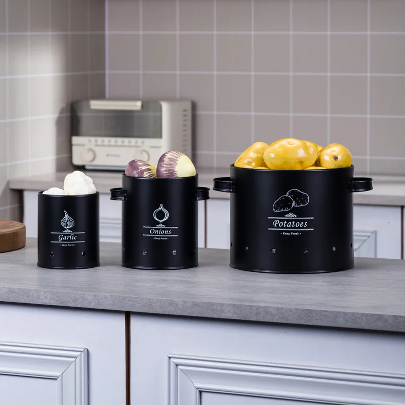 

3pcs Garlic Onion Potato Container Metal Storage Box Fruit Pot with 2 Handles Keeping Fresh Kitchen Food Organizer Buckets