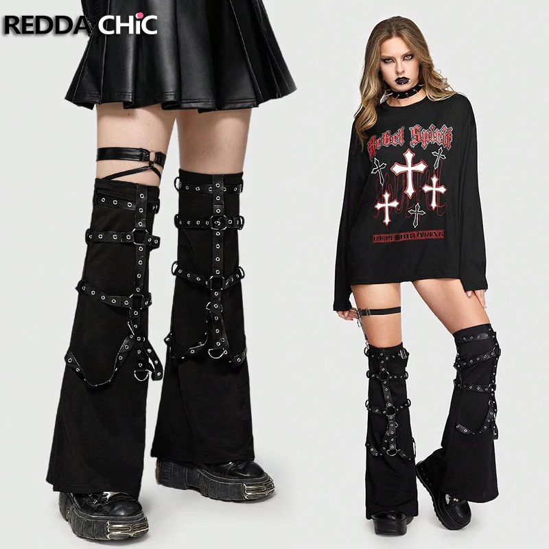 

REDDACHiC Gothic Women Leg Warmers with Leather Harness Patchwork Steampunk Retro Black Thigh-high Y2k Boots Cover Long Socks