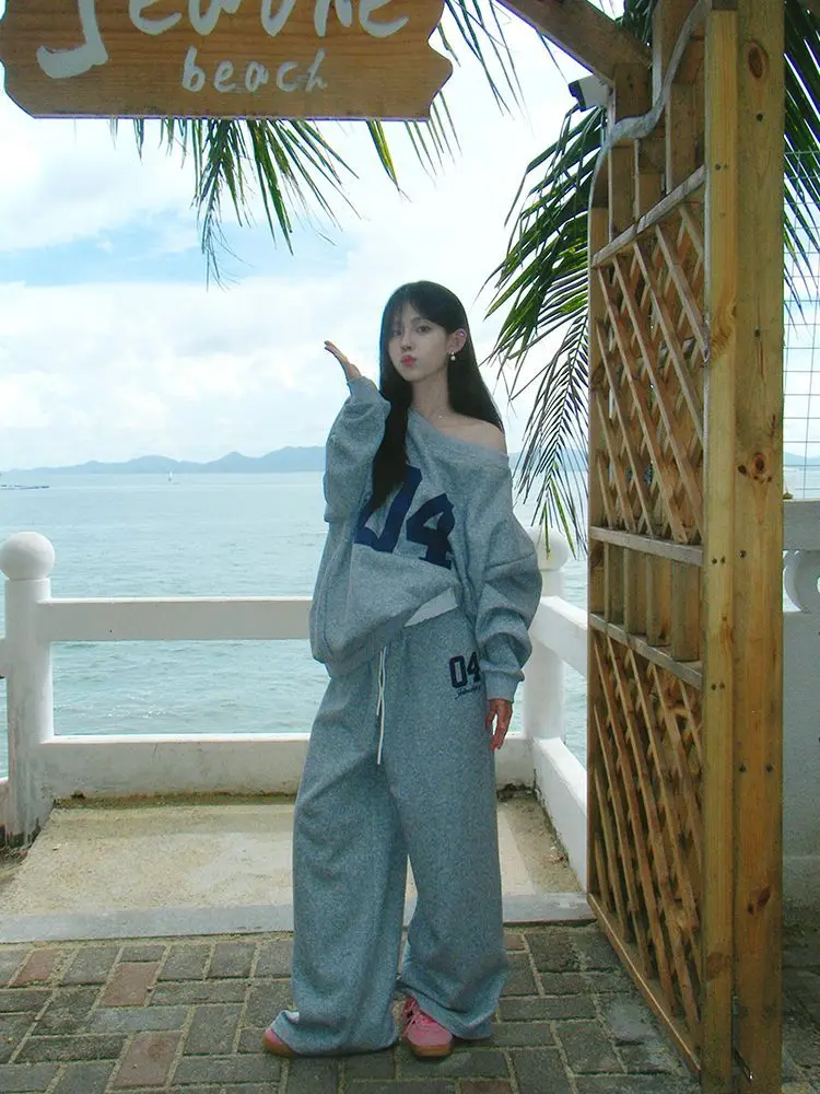 HOUZHOU Casual 2 Piece Sets Women Outfit Pant Sets Oversized Korean Style Jersey Set Vintage Letter Print Off Shoulder Tracksuit 2