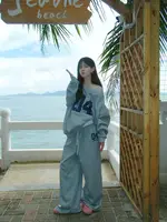 HOUZHOU Casual 2 Piece Sets Women Outfit Pant Sets Oversized Korean Style Jersey Set Vintage Letter Print Off Shoulder Tracksuit 2