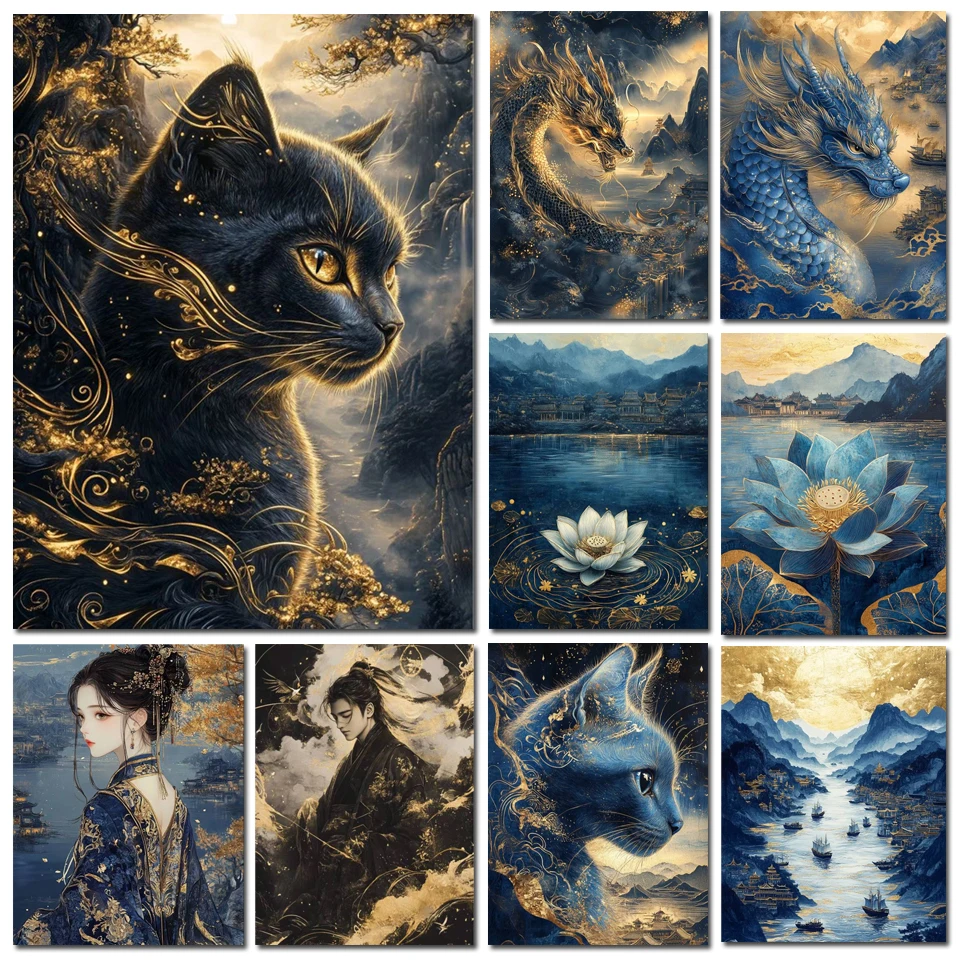 Diamond Painting Cross Stitch Kits Golden Black Cat Dragon Lotus Landscape Diamond Art Embroidery Mosaic Home Decor diamond painting diamond painting accessories