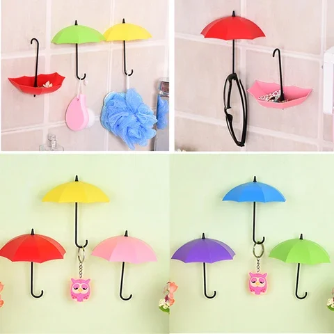 

Lot 3Pcs Umbrella Shaped Wall Hooks Creative Key Hanger Hook Cute Sticky Holder Decor Hook Kitchen Bathroom Bedroom Accessories