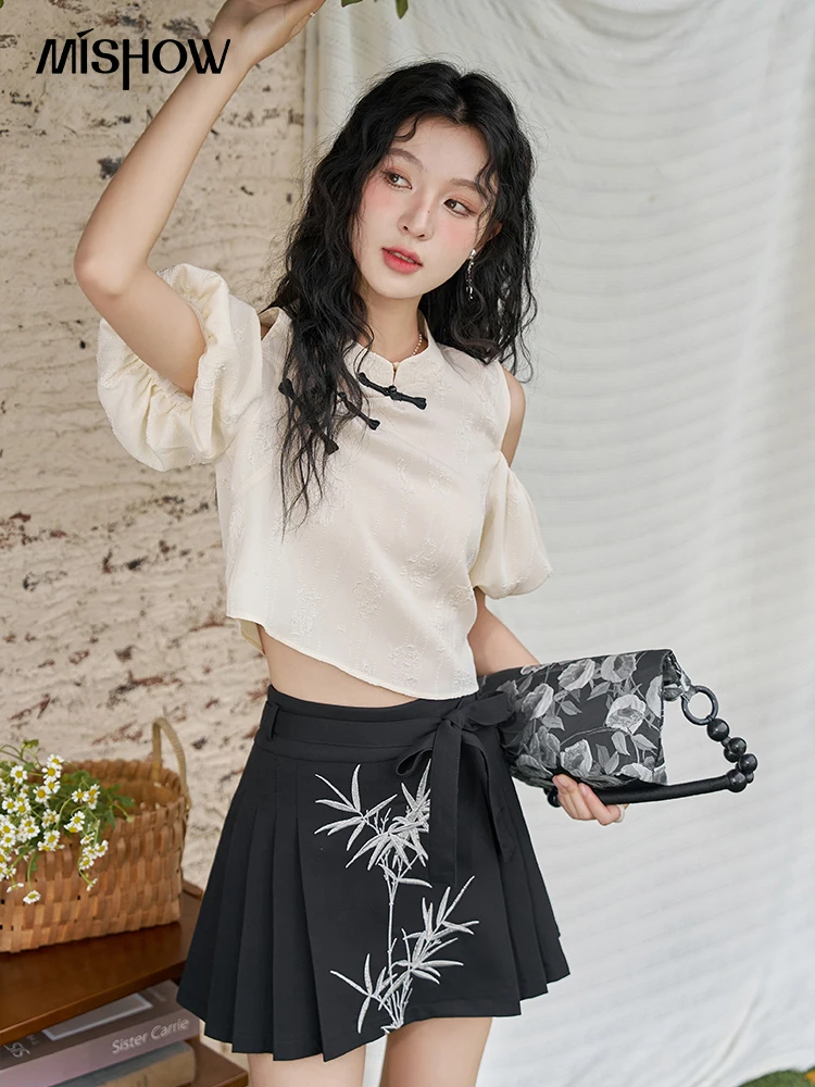 MISHOW Chinese Off Shoulder Bubble Sleeve Top Short Sleeve Blouses for Women 2024 Summer Jacquard Straight Loose Tops MXD21X1373