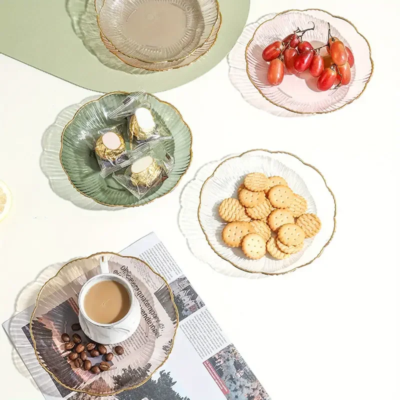 Elegant Glass Salad Fruit Bowls Set with Gold Rim Decorative Clear Serving Dishes for Home Kitchen Parties Dessert Plates