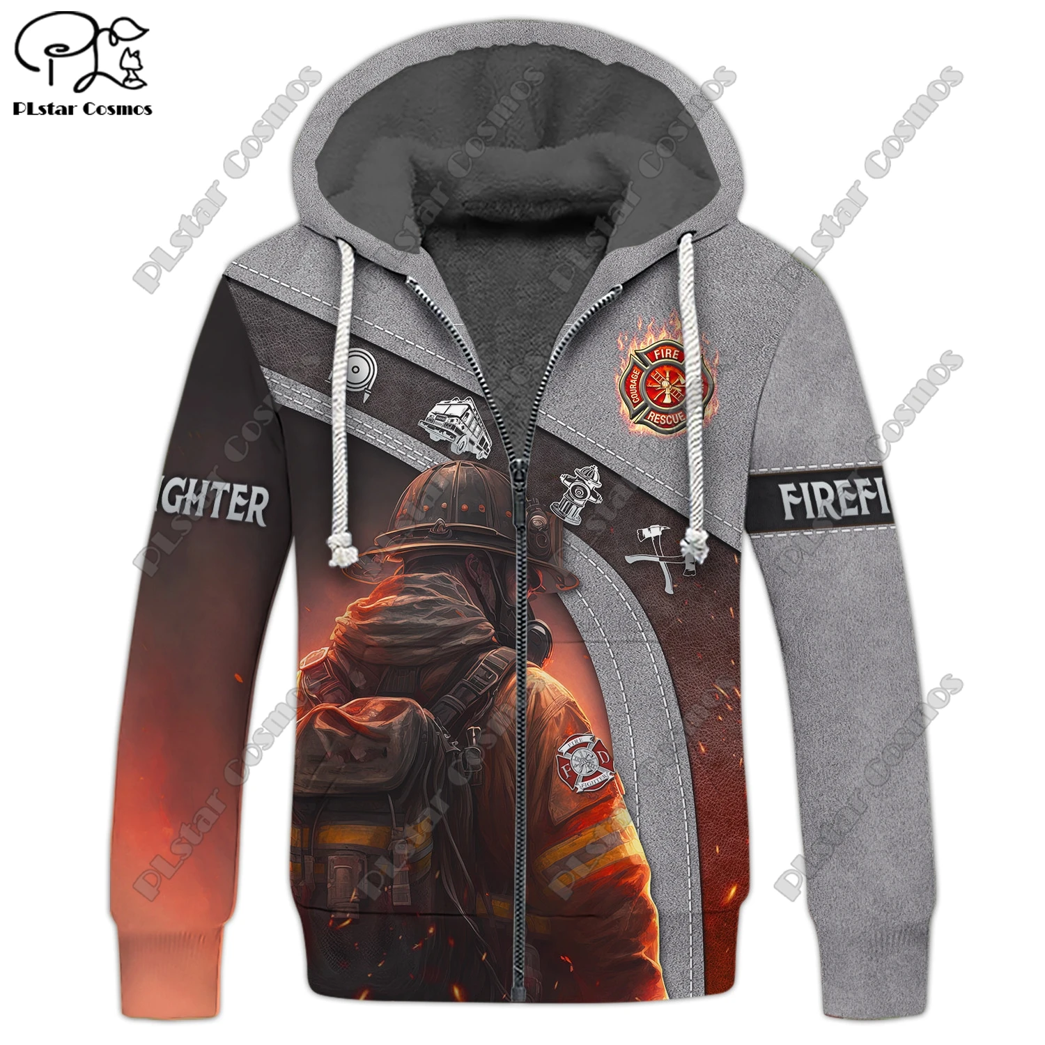 3D printing customized name new firefighter pattern warm hooded thickened jacket zipper fleece hoodie winter jacket casual 2