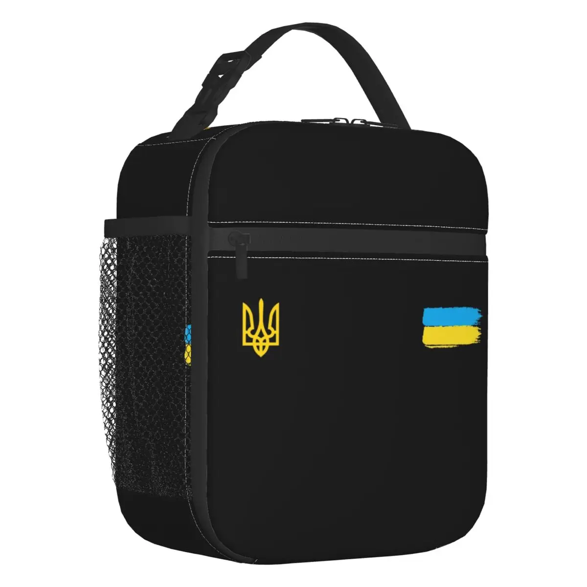 

Ukrainian Flag Stripe Thermal Insulated Lunch Bags Coat Of Arms Of Ukraine Tryzub Portable Lunch Tote for Kids Storage Food Box