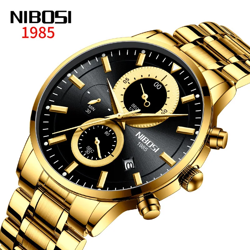 

NIBOSI Brand Luxury Chronograph Quartz Watch for Men Gold Stainless Steel Waterproof Luminous Mens Watches Relogio Masculino
