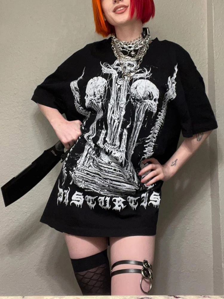 

Grunge Loose Punk Black Alternative Tops Dark Goth Oversize Gothic Graphic Emo Skull T-shirts Harajuku Summer Streetwear Clothes