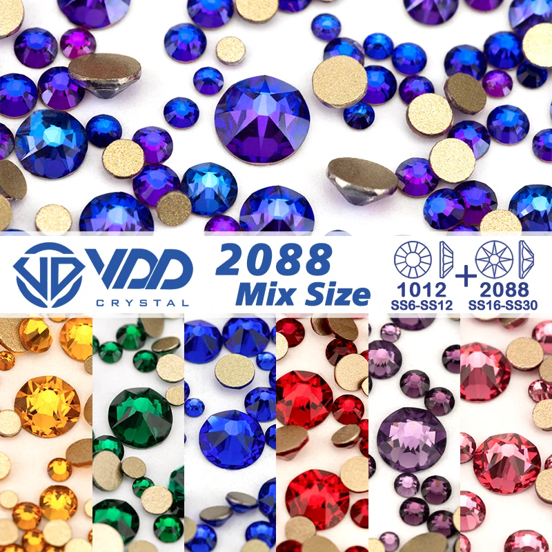 VDD Großhandel Mix Größe SS6-SS30 Hochwertiges Glas 2088 Strasssteine Kristall Gold Flatback Strasssteine Nail Art DIY Dekorationen