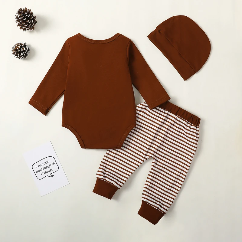 FOCUSNORM 3pcs Toddler Baby Boys Clothes Sets 0-18M Football Print Long Sleeve Rompers Elastic Striped Pants Beanie Hat