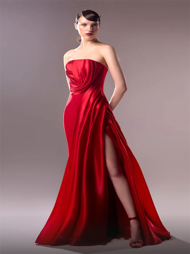 

Hot Selling Strapless Straight Satin Evening Dress Sexy Open Back Zipper Floor Length High Slit Sweep Train Gown For Women 2024