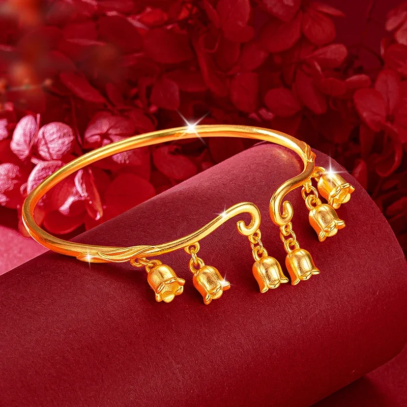 

24K Yellow Gold Color Linglan Flower Bracelet for Women Bride Fashion Simple Glossy Gold Bracelet Bangles Jewelry Birthday Gifts