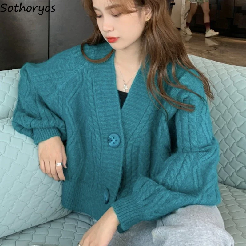 

Укороченный кардиган, Женский однотонный вязаный свитер, однобортный свободный элегантный джемпер с V-образным вырезом для девушек, теплая мягкая Осенняя трикотажная одежда