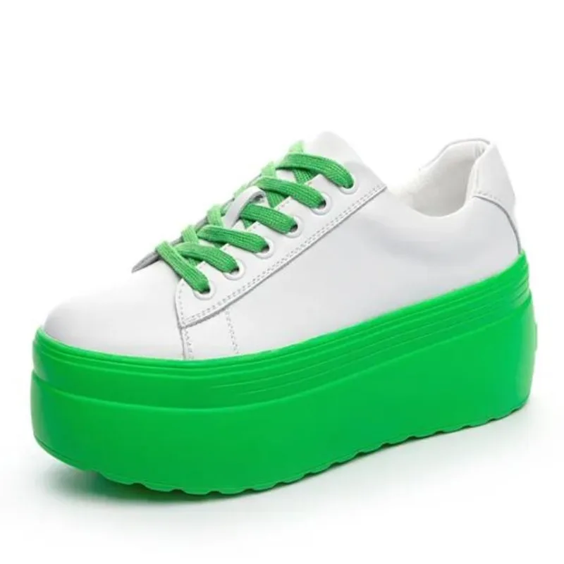 

High quality 8cm Super High Platform Wedge Sneakers Genuine Leather Shoes Women Spring Autumn Green White Shoes Summer Sneakers