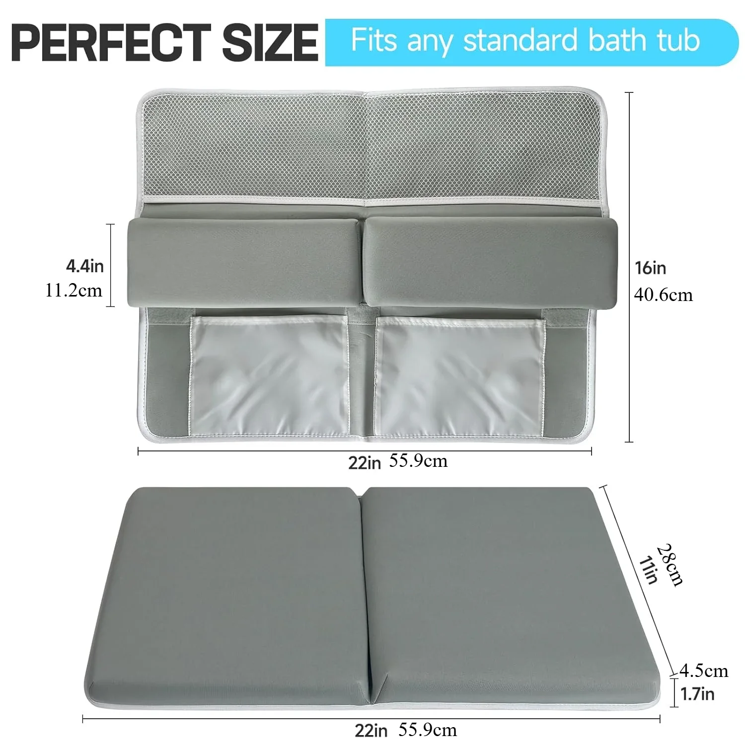 White cushioned bath kneeler with elbow rests, storage bag, and metal frame.