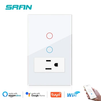 SRAN Smart switch 1/2gang and US Socket, 118*72mm Tempered Glass Panel, Wifi Touch Switches Work with Google Home/ alexa