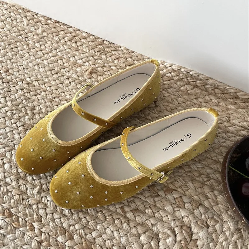 Rivet Decor Velvet Mary Janes Shoes Women Round Toe Elegant Ballet Flats Shoes Ladies Buckle Strap Spring Autumn Loafers New 4