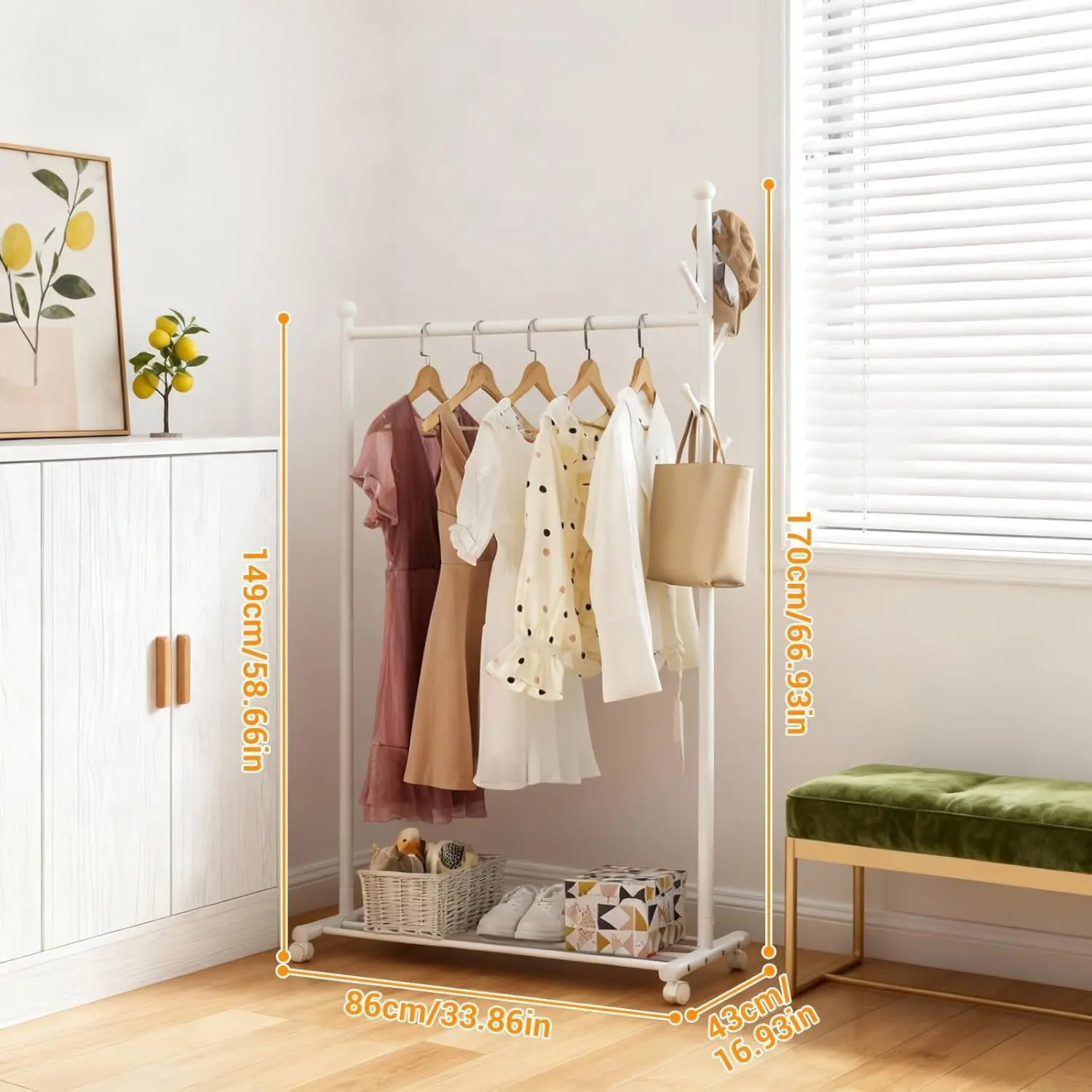 Tragbarer Kleiderständer auf Rollen, Schlafzimmer-Metall-Kleiderstange mit Schuhregal, Kleideraufhängung und Organisationsfach – Detail 7