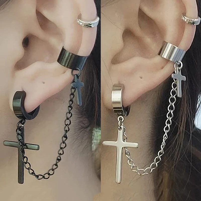 Punk Cross Tassel Earrings Women Integrated Clip Stud Earring Christian Gothic Hip Hop Jewelry Metal Chain Ear Ring Earring Men