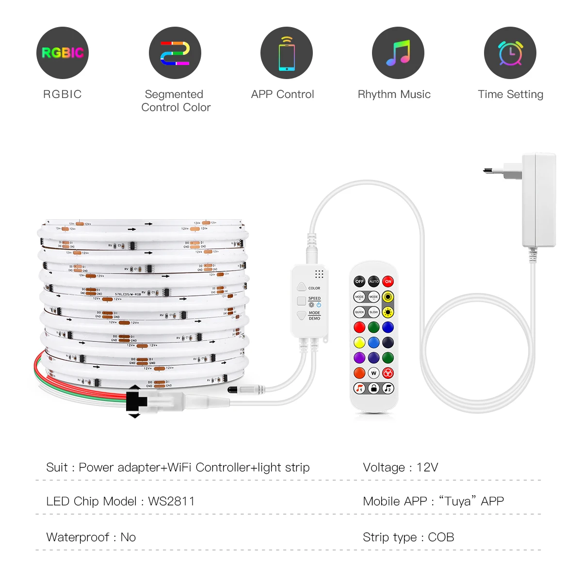 Tuya 스마트 와이파이 RGBIC LED 스트립 조명, COB 네온 테이프, 주소 지정 가능 WS2811 IC RGB 테이프, 알렉사 구글 홈용 앰비언트 장식 램프, 12V