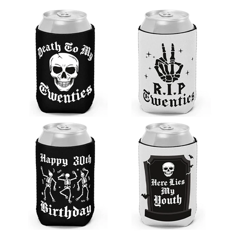 4 Stück Gothic-Schädel zum 30. Geburtstag, Dosenkühler, Tod zu meiner 20er-Jahre-Party, dekorieren, RIP Cheer, lustiges Zubehör, Happy Halloween-Zubehör – Detail 6