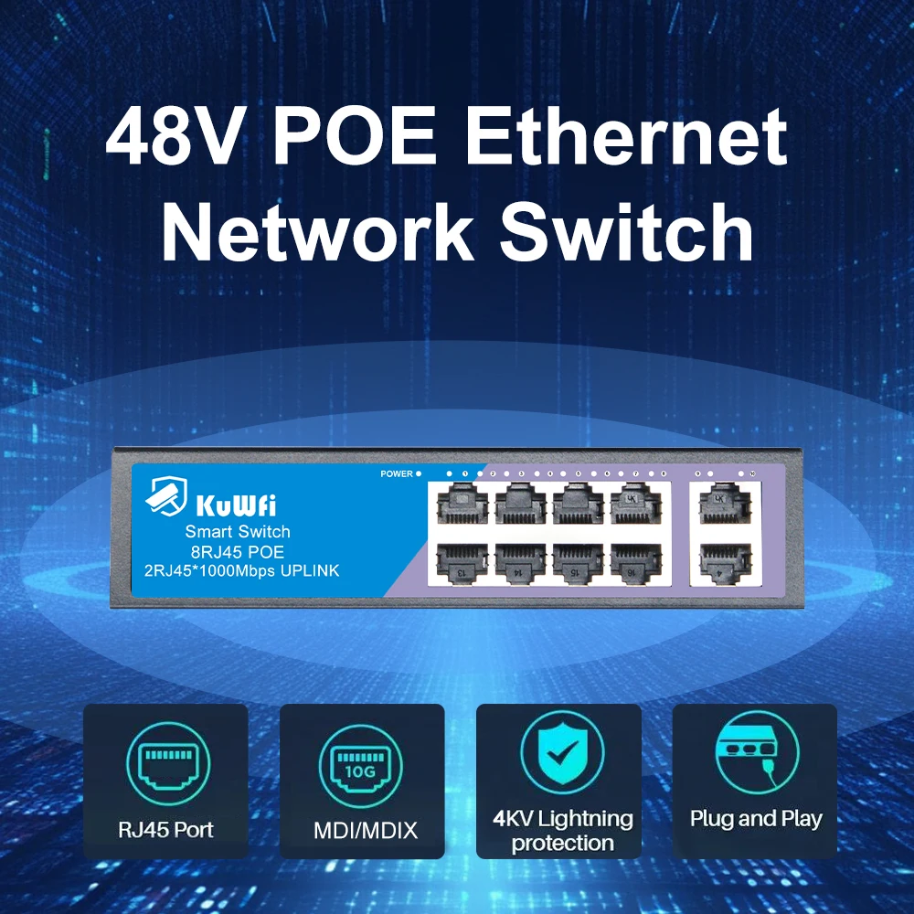 Close-up das portas do comutador Ethernet PoE