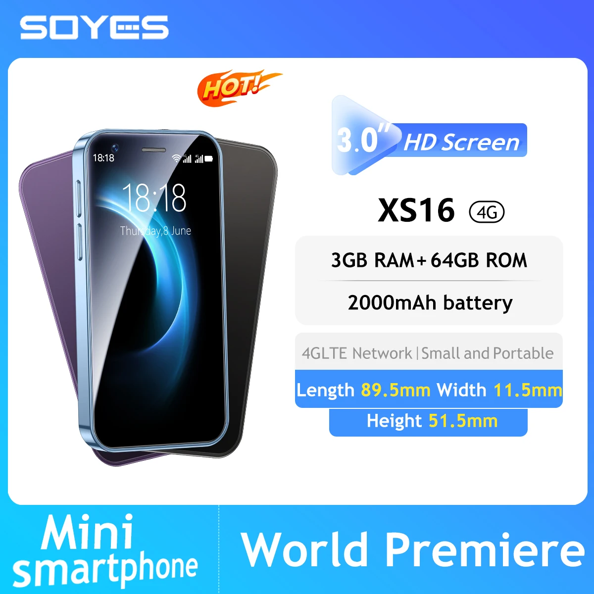 Cell Phone Mobile Phone SOYES XS16 mini 4G Smartphone 3.0inch 3GB RAM 64GB ROM Android 8.0 5MP Camera Dual SIM With Play Store WhatsAPP