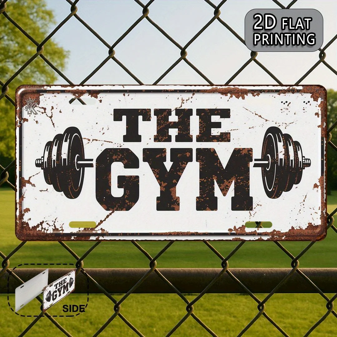 2D 평면, 1개 빈티지 체육관 금속 간판 -15x30cm 알루미늄 벽 장식, 'THE GYM' 텍스트 및 바벨 디자인, 러스틱 홈 짐