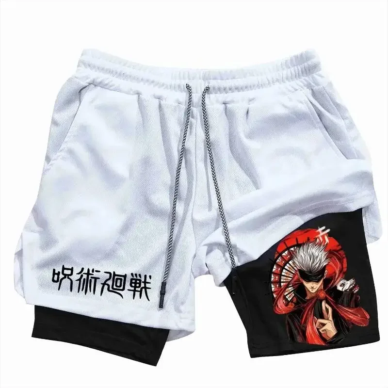 애니메이션 Jujutsu Kaisen 남성용 2-in-1 압축 반바지, 포켓이 있는 운동용 속건성 퍼포먼스 반바지, 체육관 운동 피트니스