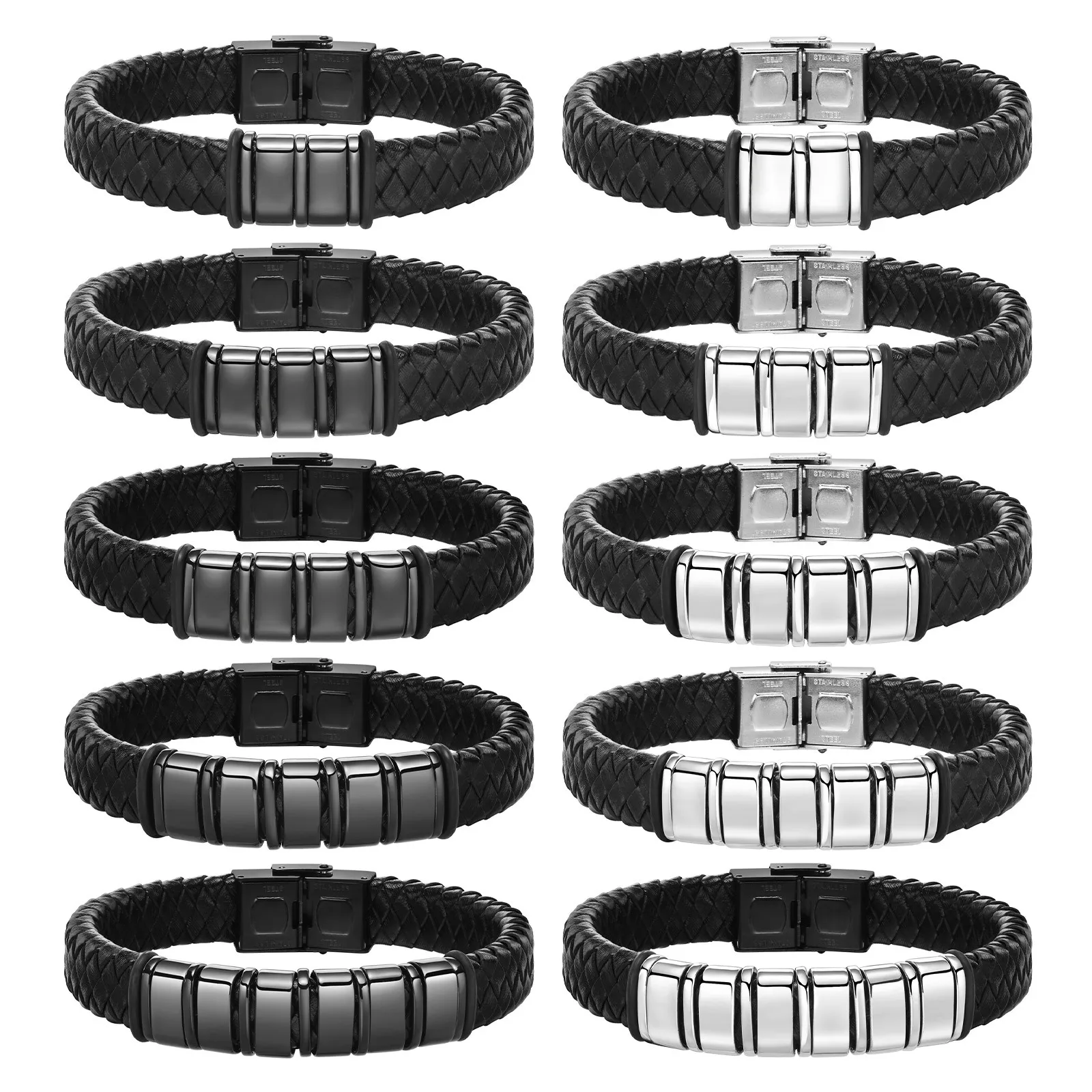 Beaded Braided Bracelets For Men Leather Stainless Steel Black Silver Color Personalized Bangle Name Family Member Gift leather bracelet,charm bracelet,beaded bracelet