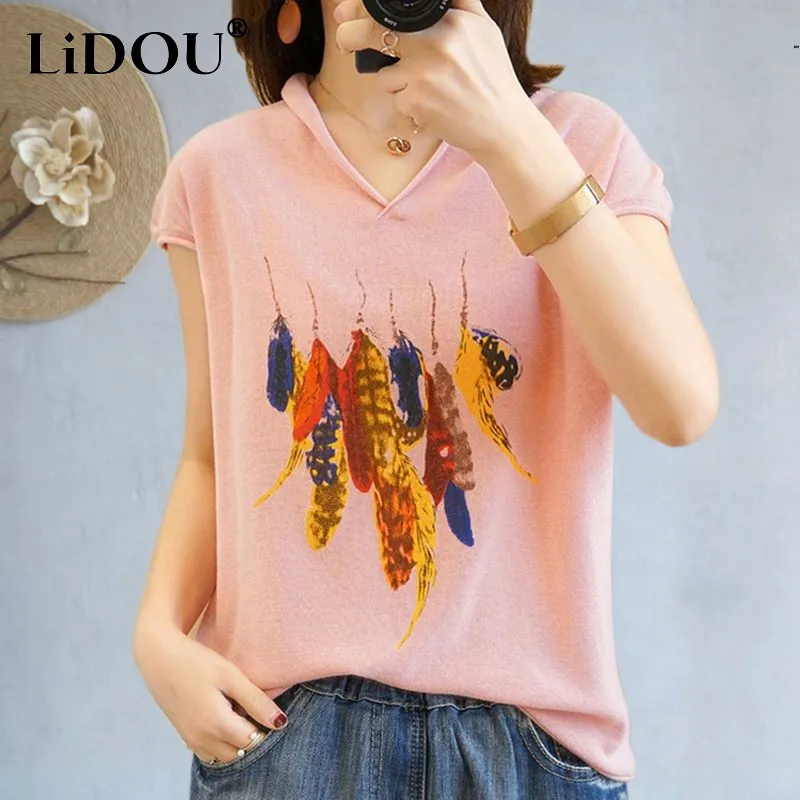 

Tops Women New Spring And Summer Printing Short Sleeve V-neck Pullovers Loose Casual Office Lady Korean Style Fashion Popularity