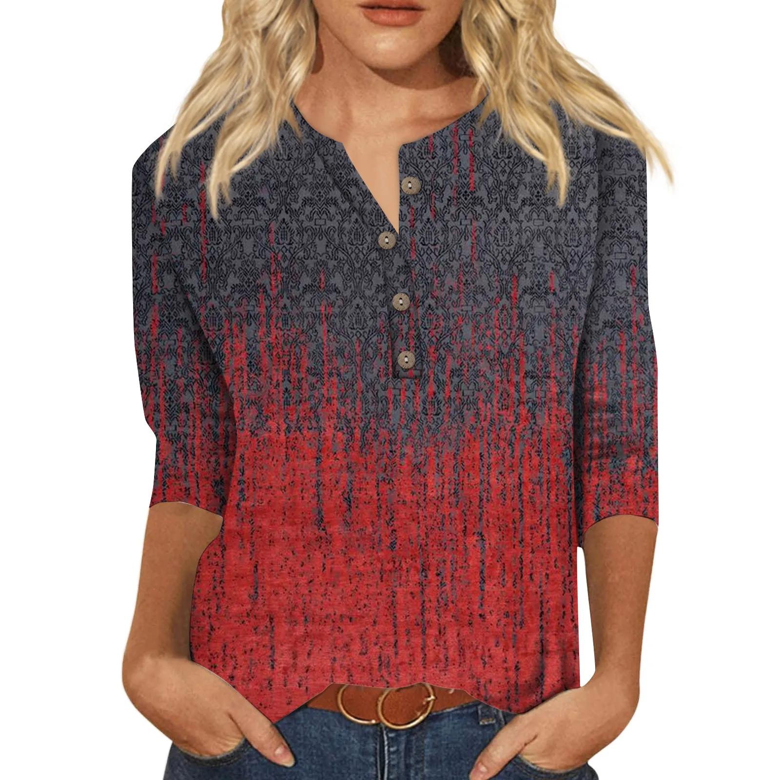

T-Shirt Delicate Fashion Plant Printed Women Blouse Shirt V-Neck Button Summer 3/4 Sleeves Women Pullover Cotton Женская Одежда