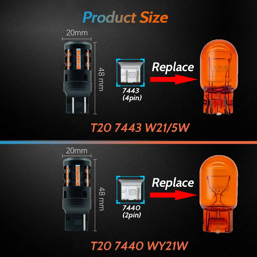 SEALIGHT SLJ5 7443/7440/T20/W21W LED Turn Signal Light Brake Tail Light Bulbs 20W 2000LM 2000K Ambe - View #10
