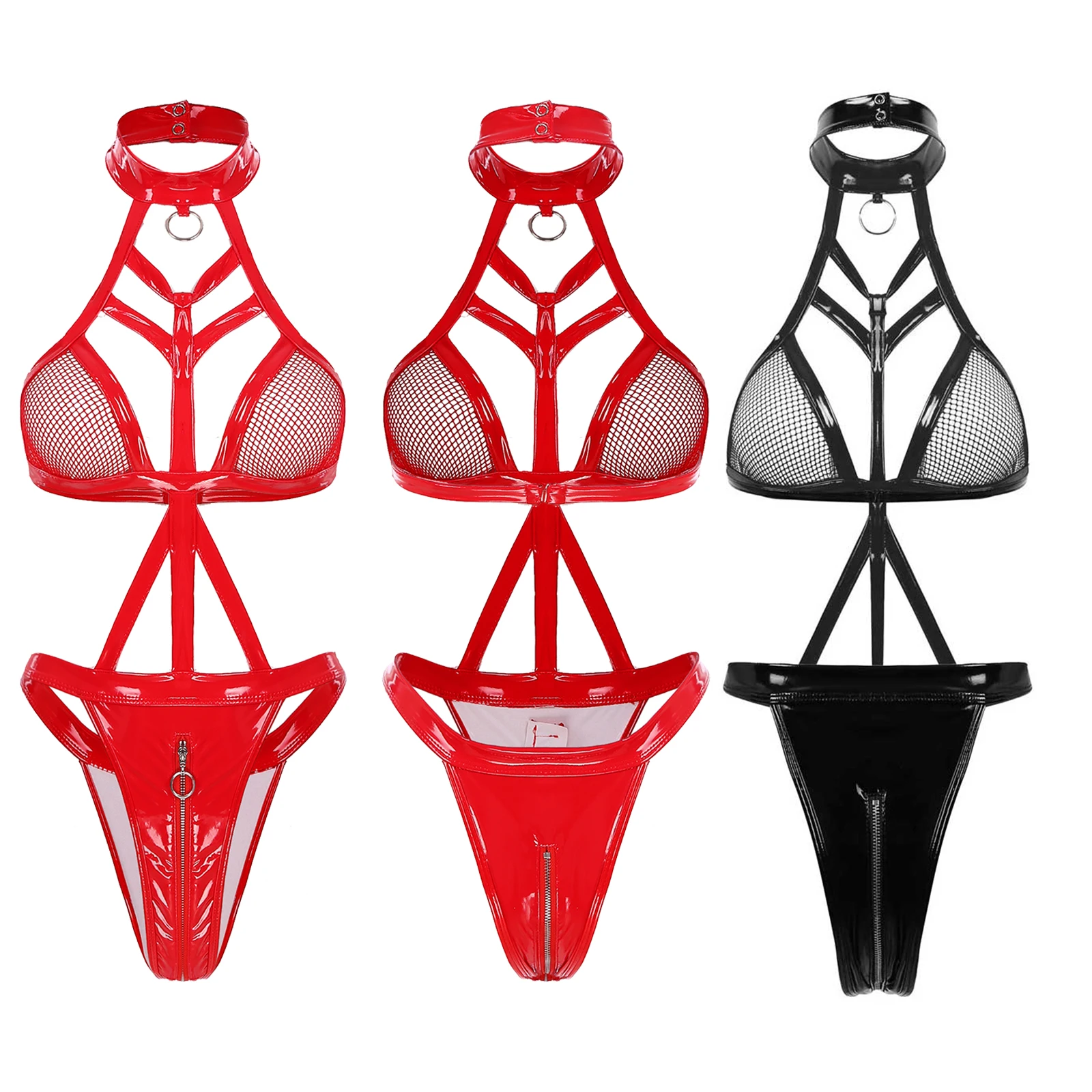 

Women One-piece Fishnet Bodysuit Underwear Wetlook Patent Leather Catsuit Halter Neck Zipper Open Crotch Thongs Leotard Lingerie