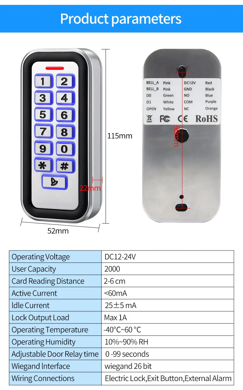 12V Standalone Metal Access Control Keypad Outdoor Waterproof IP68 Zinc 2000 Use