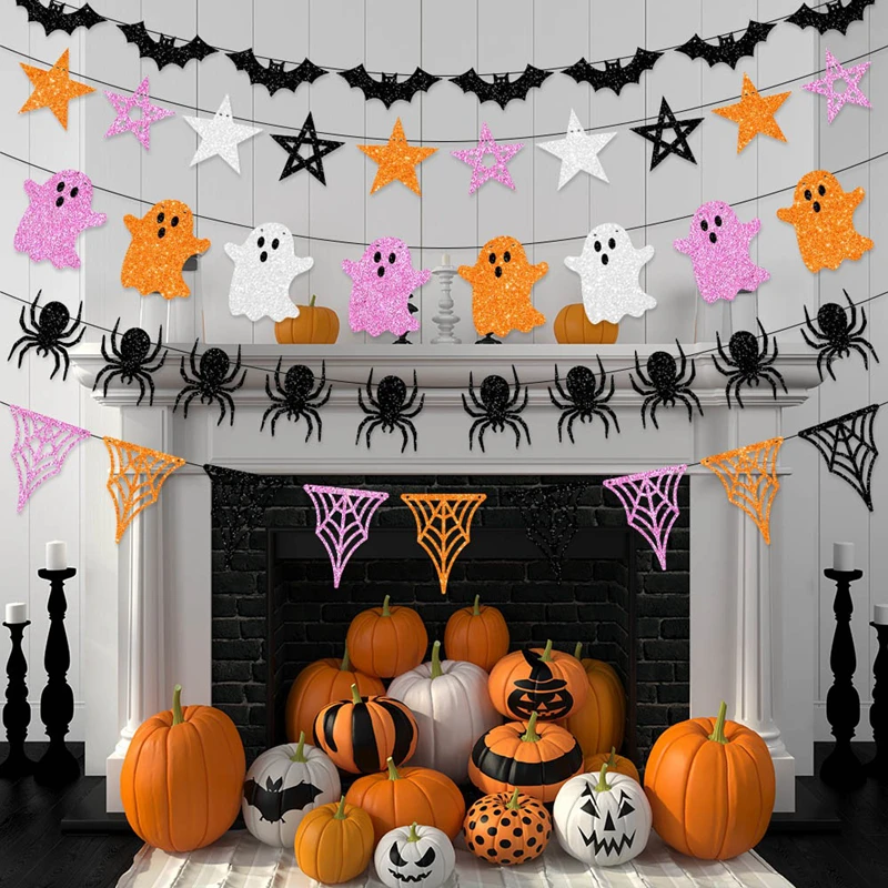 Halloween Hanging Garland Cartoon Ghost Bat Spider Bunting Paper Banner Halloween Party Home Fireplace Decoration Supplies Kids