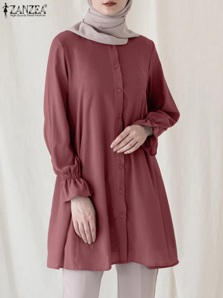 

ZANZEA Eid Mubarek Muslim Tops Woman Flare Sleeve Solid Blouse Elegant Ruffles Blusas Fashion Islamic Clothing Ramadan 2023