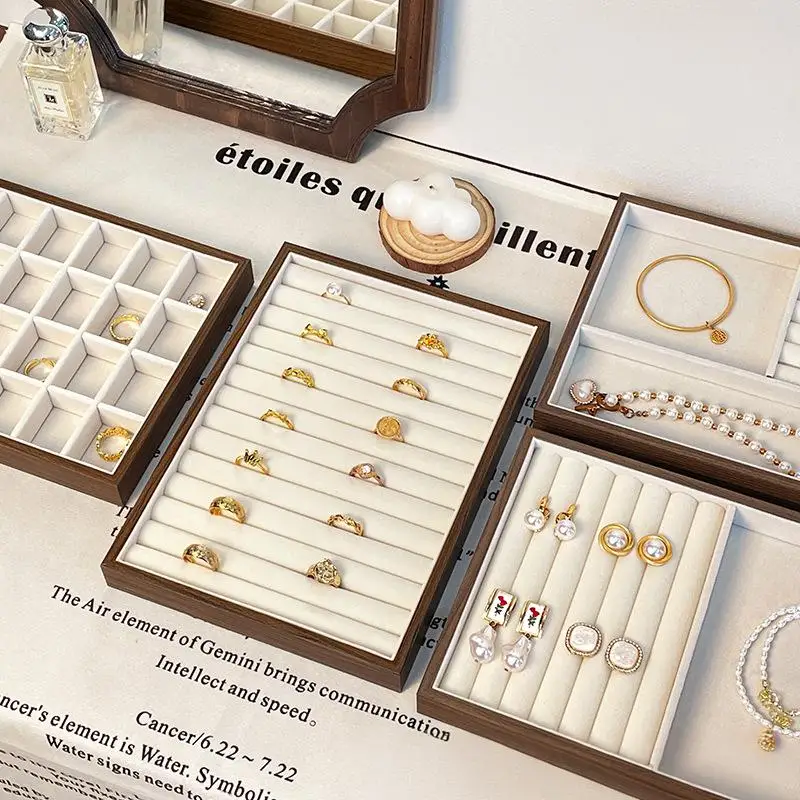 Elegant Walnut Wood Grain Jewelry Display Tray - Retro-Style Storage for Earrings, Rings, Necklaces, and Pendants