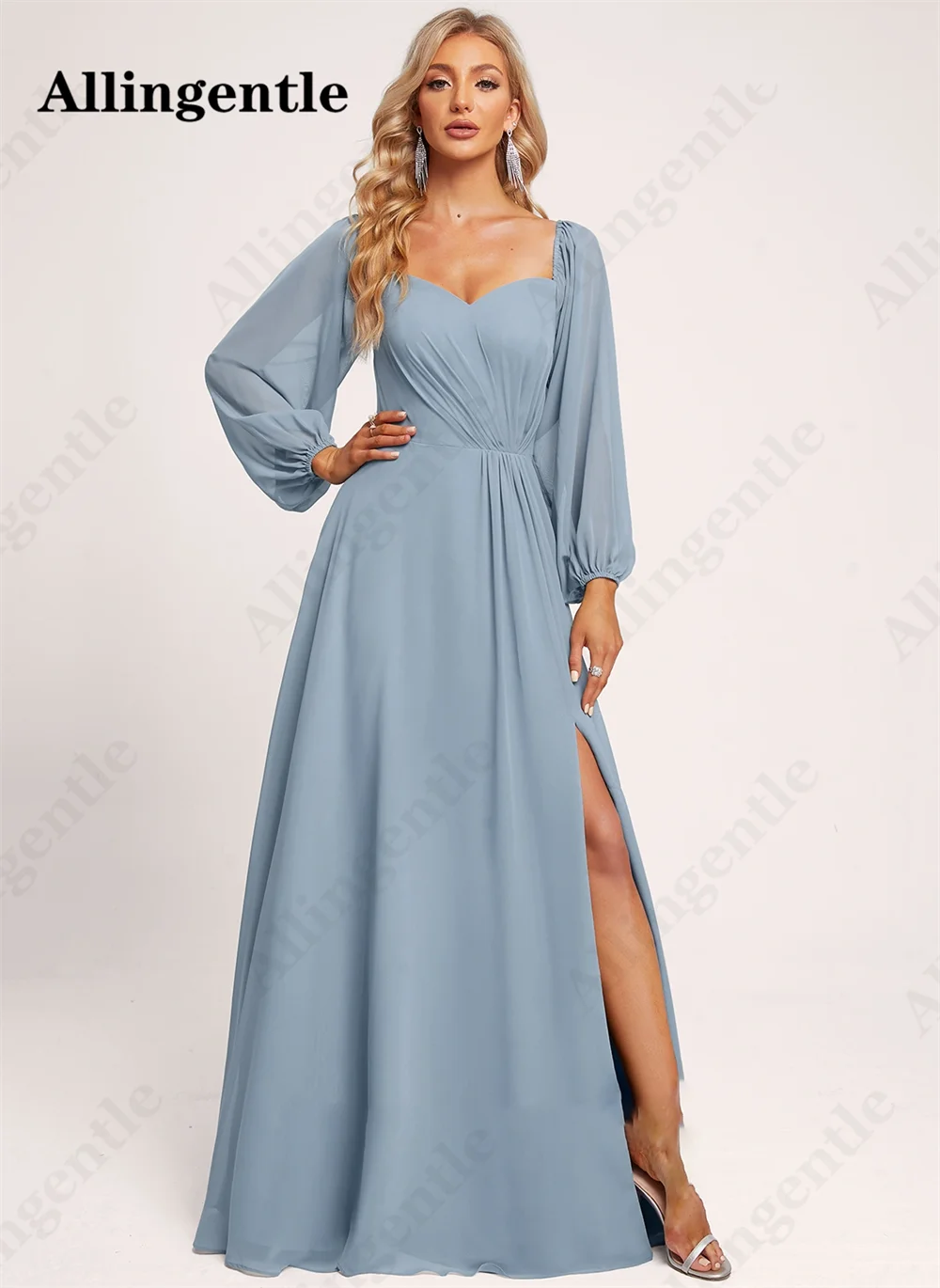 Allingentle Dusty Blue Chiffon Bridesmaid Dresses for Wedding Full Sleeves A-Line Sweetheart Evening Gown with Slit Floor Length