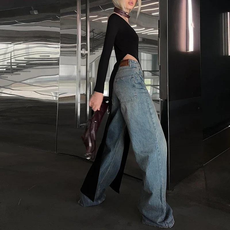 New Fashion Spring and Summer Long-sleeved U-neck Women's Top Long Split-ended Dress Solid Color Slim-fitting Sexy Blouse