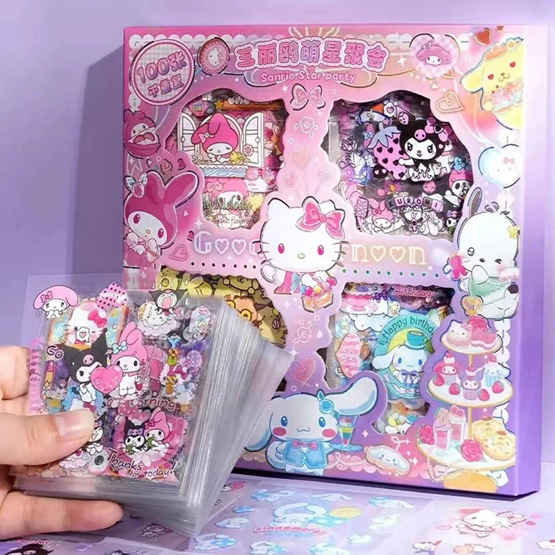 

100 листов/коробка Sanrio Kuromi Cinnamoroll Melody комбинированная наклейка мультяшная ручная аккаунтная декорация DIY наклейки детские игрушки